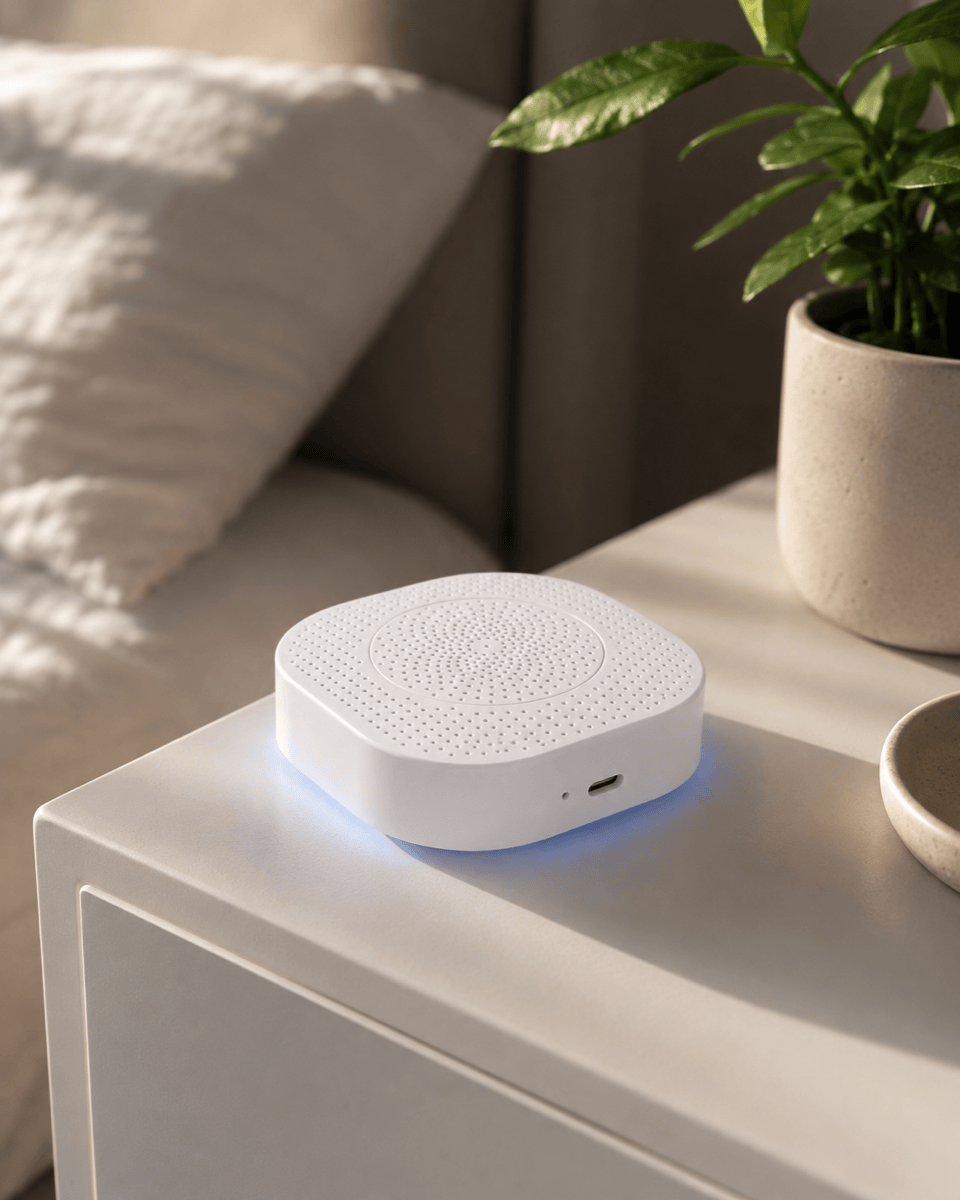 Envora One on a bedside table — quiet enough for the bedroom