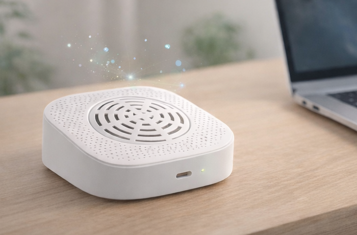 Envora One on a desk — comprehensive indoor air-quality monitor