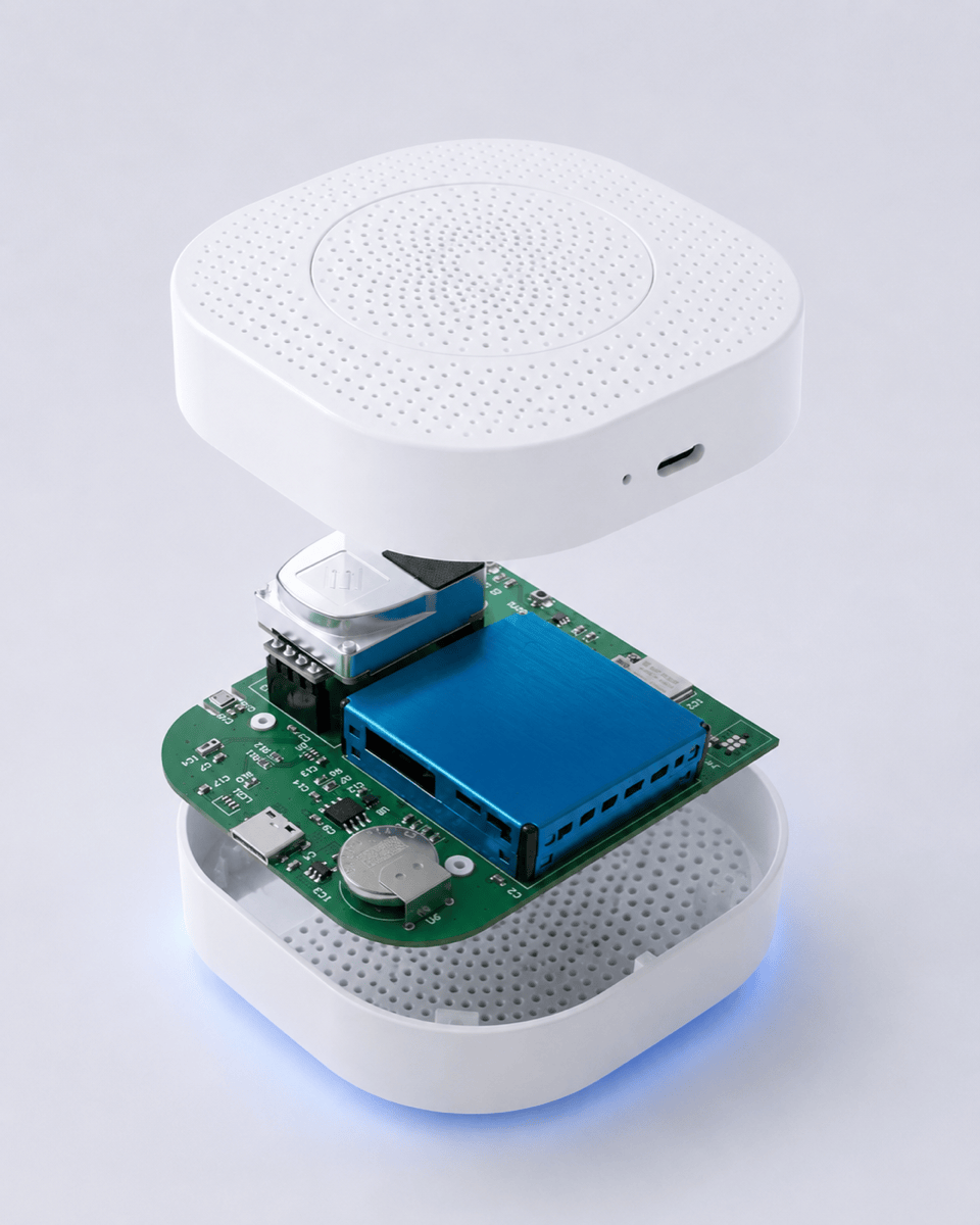 Envora One opened to reveal the PCB, NDIR CO₂ module and laser PM stack