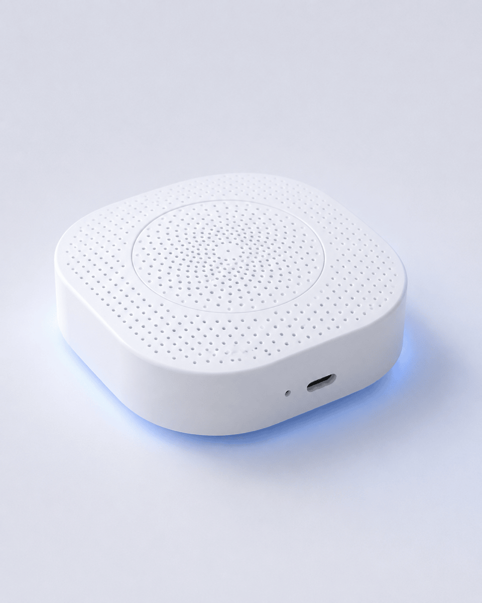 Envora One — studio shot showing the rounded square chassis and acoustic mesh top